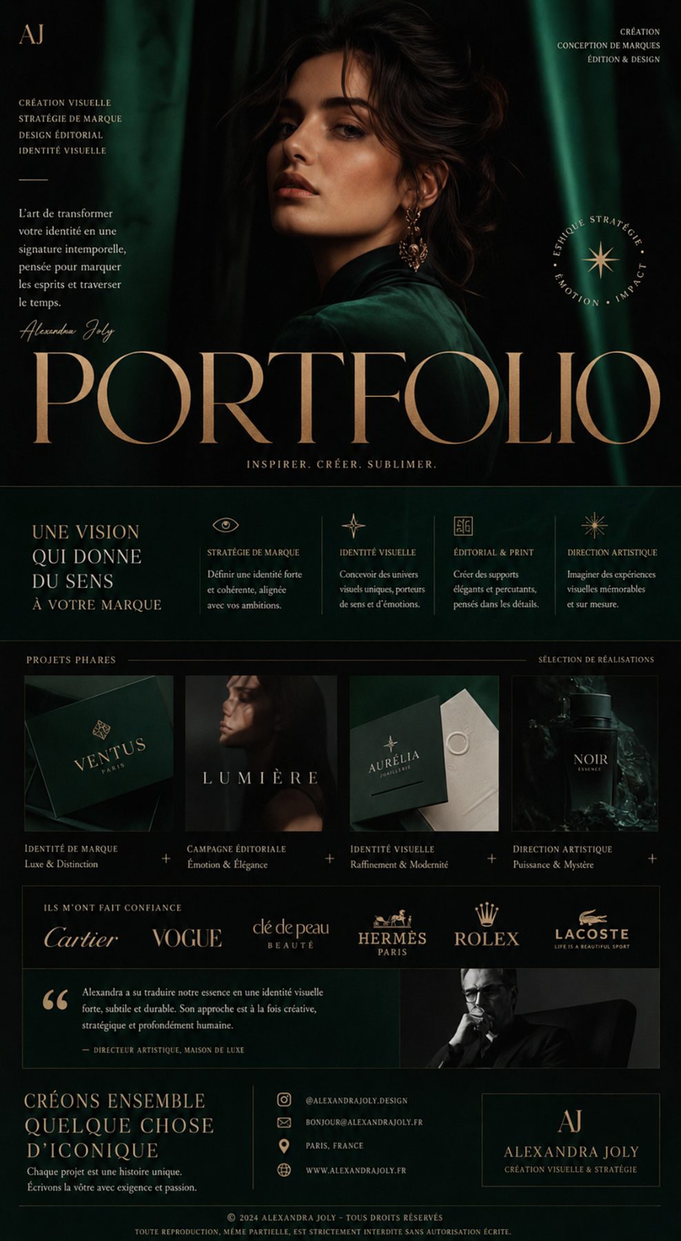 Portfolio de directrice artistique — vert émeraude et or