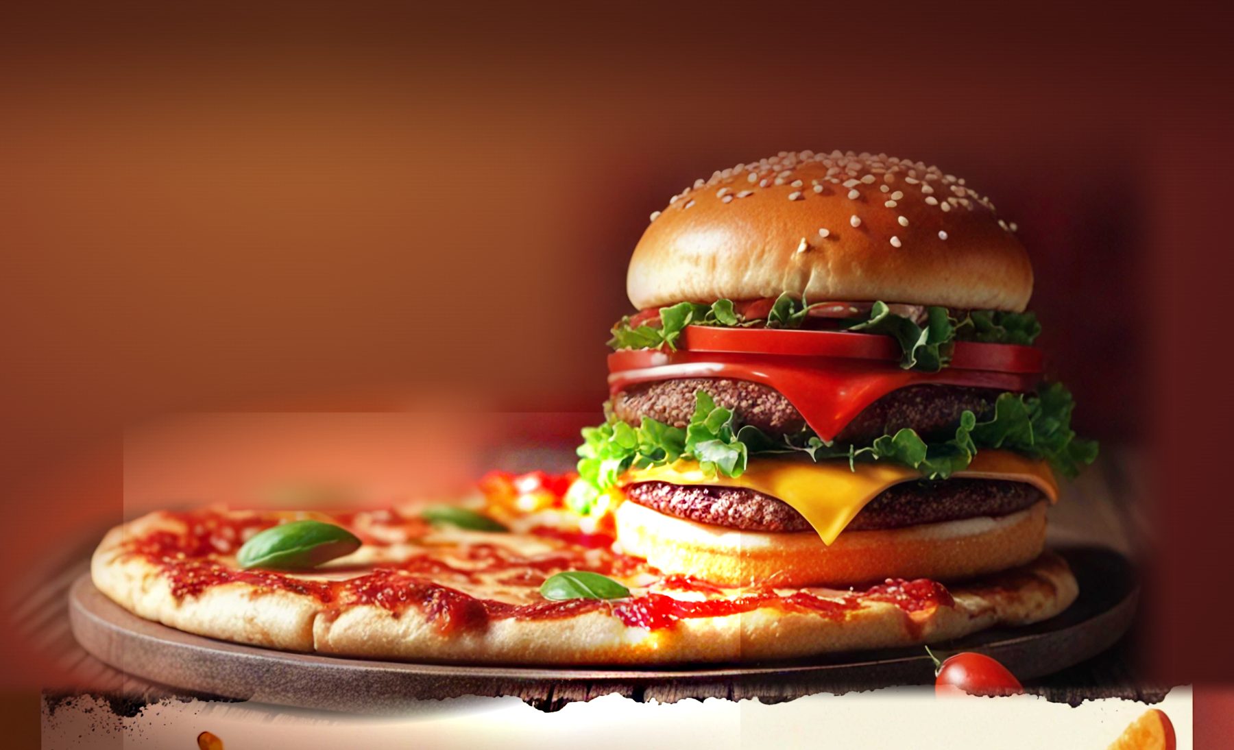 Burger et pizza sur table en bois