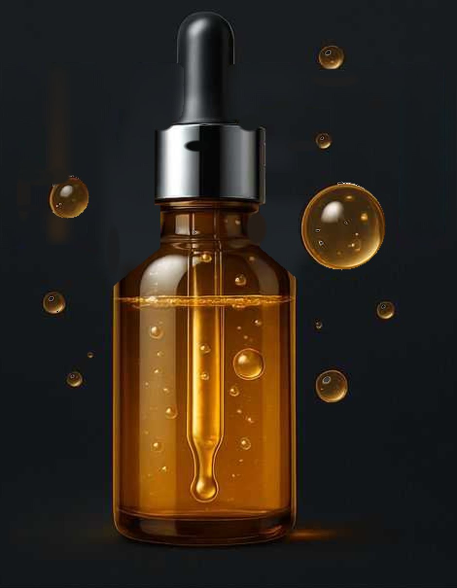 Flacon de sérum et bulles dorées